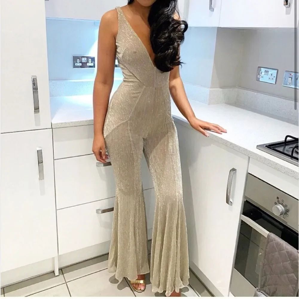 House of CB Fallon Gold Flare Jumpsuit - Picture 6 of 16